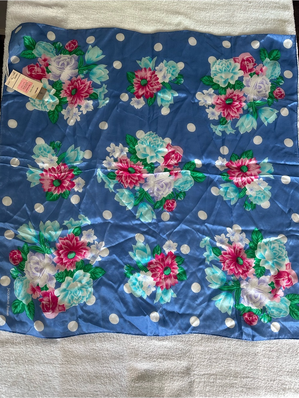 Vintage Blue Floral Polka Dot Silk Scarf